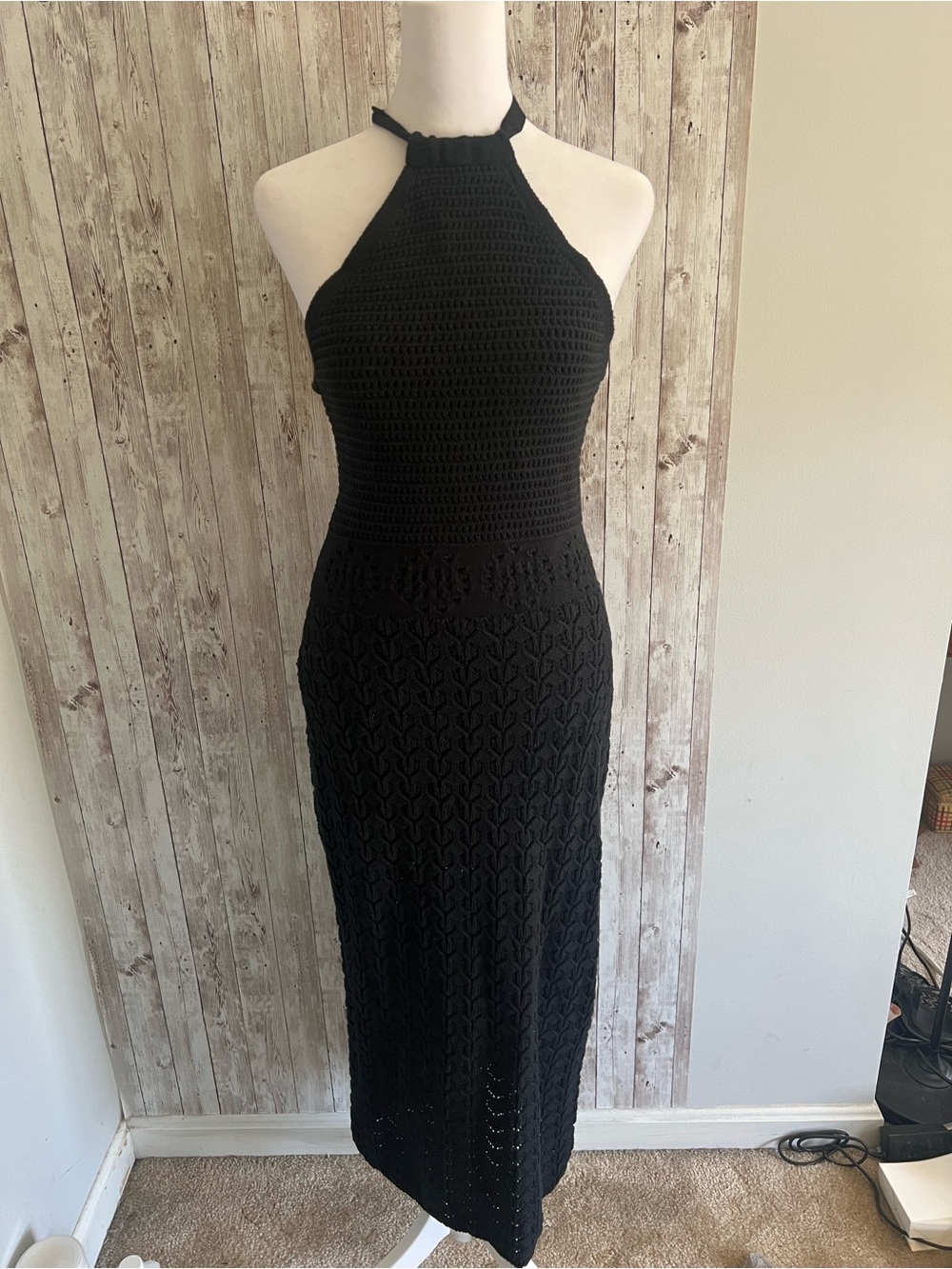 Frye Black Crochet Knit Halter Maxi Dress Resort Classic Chic Small